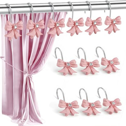 12PCS Decorative Shower Curtain Hooks with Shining Diamond,Rust Resistant Pink Bow Knot Hangers,Cute Shower Curtain Rings Hooks for Home Bathroom Decor Supplies