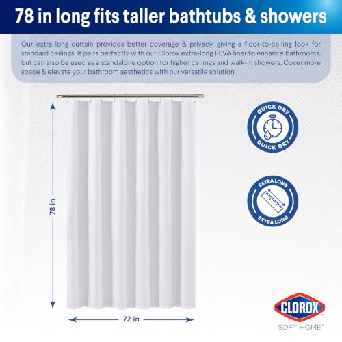 Clorox 2-in-1 Bathroom Shower Curtain Liner, Durable Fabric, Weighted Magnets for Bath Water Control, Washable Premium Quality, Extra Long, Modern - 72" x 78" White - color: White - Extra Long