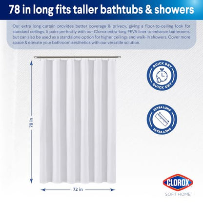 Clorox 2-in-1 Bathroom Shower Curtain Liner, Durable Fabric, Weighted Magnets for Bath Water Control, Washable Premium Quality, Extra Long, Modern - 72" x 78" White - color: White - Extra Long