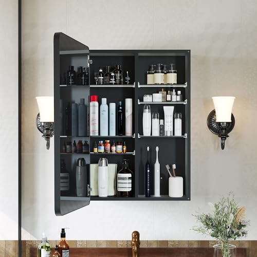 24 x 30 Black Medicine Cabinet Mirror, Recessed or Surface Mount | Bathroom mirror with storage; rustproof aluminum; 6 adjustable glass shelves; tall-bottle divider; soft-close; preassembled - size: 24" x 30"