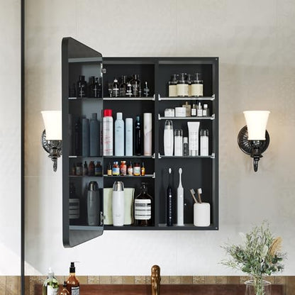 24 x 30 Black Medicine Cabinet Mirror, Recessed or Surface Mount | Bathroom mirror with storage; rustproof aluminum; 6 adjustable glass shelves; tall-bottle divider; soft-close; preassembled - size: 24" x 30"