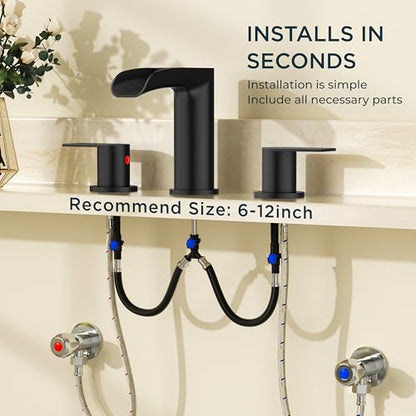 FORIOUS Bathroom Faucet 3 Hole Widespread Sink 8 Inch 2 Handle Matte Black | 3-hole 6-12 Inch Widespread Sink, Waterfall Faucets, with Drain and Hoses,for Vanity Rv Commercial Lavatory Restroom Basin - color: Matte Black