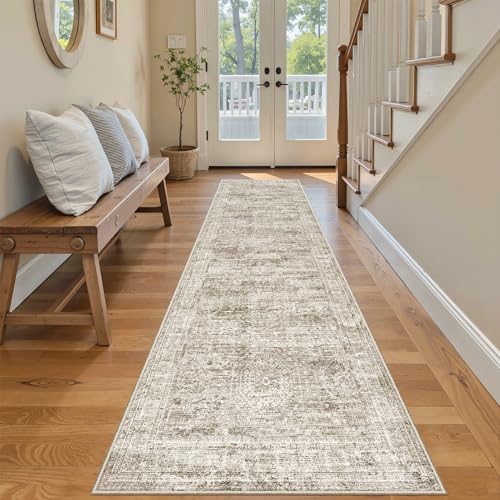 Soalmost Runner Rug 2x7 Washable Non-Slip Hallway Rugs for Kitchen Brown | Low-Pile Vintage Runners for Bathroom Laundry Room, Foldable Floor Carpet Mat for Entryway Corridor Bedroom - color: Brown, size: 2' x 7' (Runner)