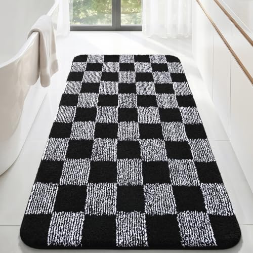 LOCHAS Long Bathroom Runner Rug 60×30, Checkered Bath Mat Non Slip, Black | Rubber Backing Absorbent Machine Washable, Microfiber Carpet for Kitchen Bedroom Entryway - color: Black, size: 60" x 30"
