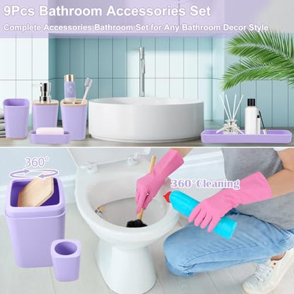 Purple Bathroom Accessories Set, 9 Piece Purple Bathroom Accessory Set with Trash Can,Toothbrush Holder,Toothbrush Cup,Lotion Soap Dispenser,Vanity Tray,Soap Dish,Toilet Brush,Qtip Holder - size: Bath Set, style: Light Purple