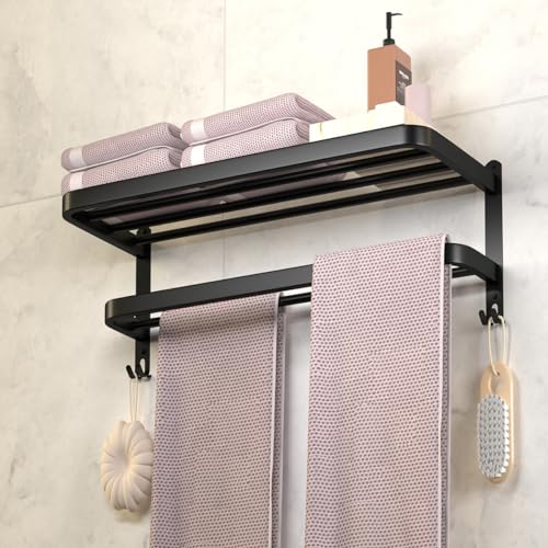 15 Inch Black Towel Racks for Bathroom Towel Shelf with Double Towel Bars Lavatory Wall Mount Holder with Hooks Stainless Steel Hotel Bath Rack (Matte Black) - color: Black15