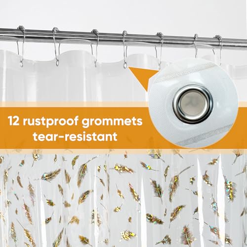 Holographic PEVA Shower Curtain Liner, Glitter Feather Pattern, 70x72 in | Dual-Sided Gold & Multicolor, Waterproof Clear PEVA, 3 Bottom Magnets, 12 Rustproof Grommets, Fits Stalls and Tubs - color: Feather