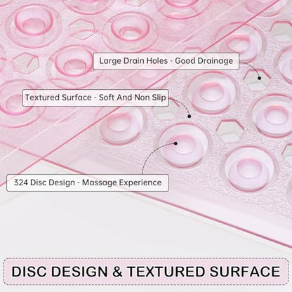 Non-Slip Bathtub and Shower Mats, Power Grip Bath Mat 35 x 16.3 Inch with Suction Cups and Drain Holes for Tub Bathroom Floor Safety, Machine Washable Soft Bathmat, Clear Pink - color: Clear Pink