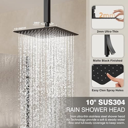 Black Shower System, All Metal Dual Rain Shower Head with Handheld | 3-In-1 Push Button Valve and Trim Kit, Matte Black SUS304 10" Ceiling & 8" Wall Mount Heads, Bathroom Shower Faucet Set - color: Matte Black