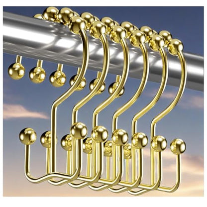 Shower Curtain Hooks Rings, Rust Resistant Metal Double Glide Shower Hooks Rings for Bathroom Shower Rods Curtains, Set of 12 Hooks - Gold - color: Gold