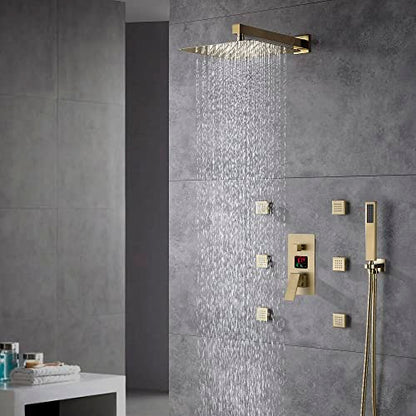 Cascada Digital 12” Wall Mounted Shower System with Single Handle & LCD Display, 3 Functions (Rainfall, Body jets & Handheld) (Matt Black) - color: Matt Black