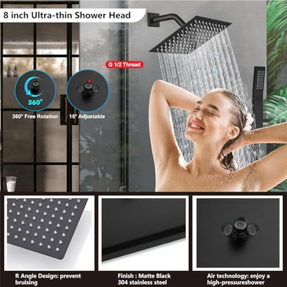 Midanya Shower Faucet Set with Handheld Sprayer,8 Inch,Matte Black | Rough-in Shower Valve and Trim Kit Included,Square Rain Head,Wall Mount Shower System,All Metal,Bathroom - color: Black, size: 8 Inch