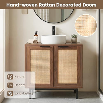 24-inch Pedestal Sink Storage Cabinet, Under Sink Cabinet (Brown) | U-Shaped Cut-Out | 2 Rattan Doors & Shelf | Solid Metal Legs - color: Brown