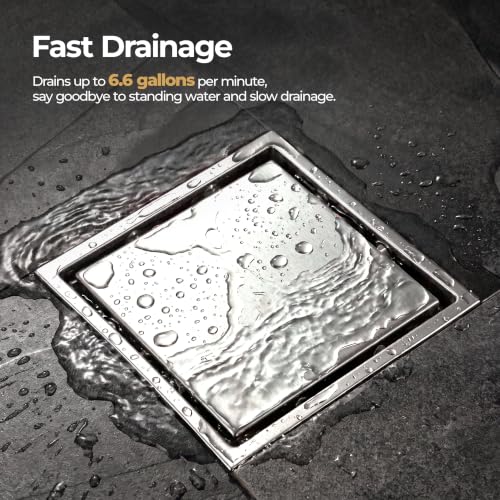 4-inch Square Tile Insert Shower Drain with Flange - SUS 304 Stainless Steel Invisible Floor Drain with Removable Cover and Strainer, Commercial Drain for Bathroom Kitchen, Nickel