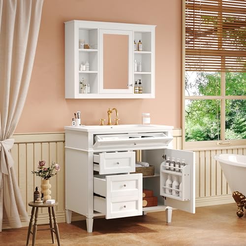 Marzzi 36" Bathroom Vanity Set with Matching Mirror Medicine Cabinet | Modern Single Sink Bathroom Vanity with Storage Cabinet, 2 Drawers & Tip-Out Drawer, Medicine Cabinet, Solid Wood Frame - color: White, size: 36"
