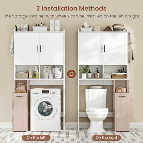 Over The Toilet Storage Cabinet with Rolling Storage Cart, Bathroom Organizers and Storage with Adjustable Shelf & Hooks, Above Toilet Rack for Bathroom, Restroom, Laundry, Save Space, White