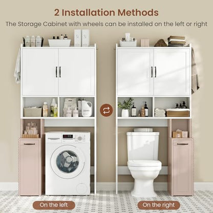 Over The Toilet Storage Cabinet with Rolling Storage Cart, Bathroom Organizers and Storage with Adjustable Shelf & Hooks, Above Toilet Rack for Bathroom, Restroom, Laundry, Save Space, White