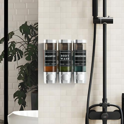 Shampoo and Conditioner Dispenser Shower Dispenser 3 Chamber No Drill Shampoo Dispenser for Shower Wall Mounted Shower Dispenser Body Wash for Bathroom Hotel Large Capacity,Silver - color: Clear Sliver