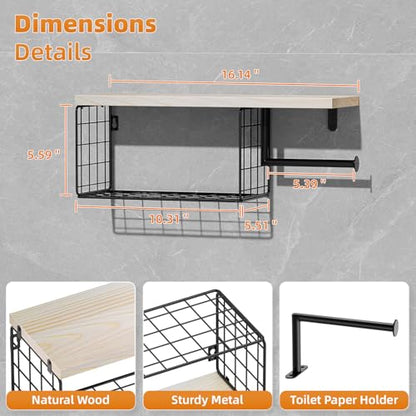 VITVITI Toilet Paper Holder with Shelf Wall Mounted Storage Basket, Natural | Farmhouse Wall Mount Toilet Paper Holder Shelves, Wood Metal Toilet Roll Wipes Holder for Bathroom - color: Natural