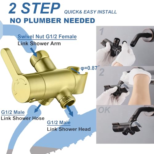 3 Way Shower Diverter Valve with Hand Shower Holder, G1/2 Shower Head Splitter, Shower Arm Diverter (Gold) - color: Gold