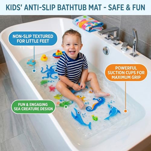 Cute Cartoon Non-Slip Bath Mat for Tub - Anti-Slip Kids Bathtub Mat, Slip-Resistant Shower Mat for Bathroom Safety, 35 X 15.3 Inch, Easy to Clean (Blue Ocean) - color: Blue Ocean