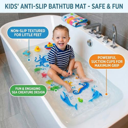 Cute Cartoon Non-Slip Bath Mat for Tub - Anti-Slip Kids Bathtub Mat, Slip-Resistant Shower Mat for Bathroom Safety, 35 X 15.3 Inch, Easy to Clean (Blue Ocean) - color: Blue Ocean