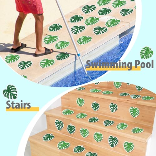 Yaomiao 24 Pcs Palm Leaf Non Slip Bathtub Stickers with Scraper | Shiny, Sparkle, Glitter, Peva, 4.53inch, Easy Apply, No Residue, for Bathroom, Shower Stairs Floor, Safety,Cute, Grip - style: Palm Leaf