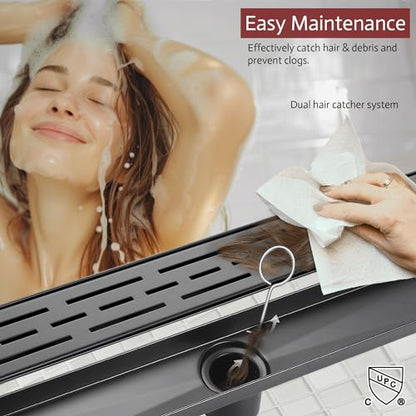 Linear Shower Drain, 24" Matte Black, Easy to Install & Clean | Including Hair Catcher & Removable Grate, Fits No-hub System, 304 Stainless Steel(Drain Base Not Included) - color: Matte Black, size: 24 inch