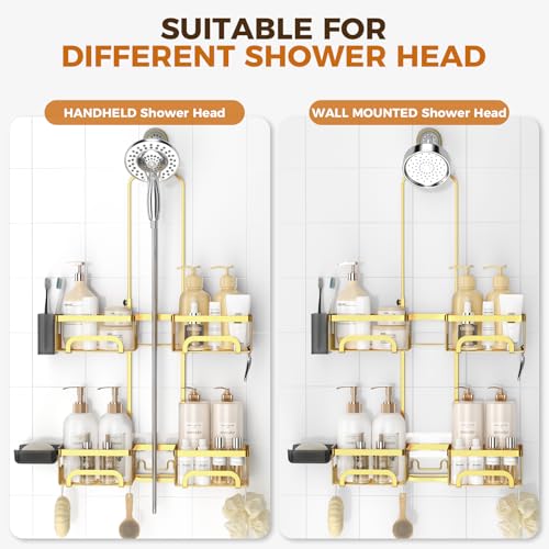 REINHARDT Split Shower Caddy Hanging for Handheld Showerheads, Gold | Adjustable Shower Organizer, Rustproof, 16 Hooks, Soap Holder, 40lbs Capacity, Anti-Slip, Tool-Free, Bathroom Accessories - color: Gold