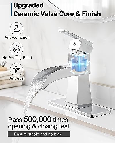Waterfall Chrome Bathroom Faucet, Brass 4 Inch Bathroom Faucets One Hole or 3 Hole, Single Handle with PP Drain, Deck Plate, Hot and Cold Supply Hoses for RV Lavatory Restroom, 5 Mins Install - color: Chrome