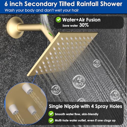Enga Shower System with Body Jets, Dual Head 10 Inch Rain Shower Head with 6 Inch Showerhead, 4 Body Jets with 2 in 1 Handheld Spray, Brushed Gold - color: Brushed Gold, style: Wall-10"+6"+4Jets