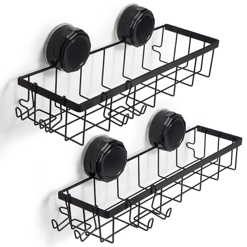Shower Caddy Suction Cup Adhesive with Hooks, Heavy Duty Shower Shelves Storage Organizer for Bathroom, No Drilling Bathroom Shelf with Large Capacity, Black Metal Storage Basket