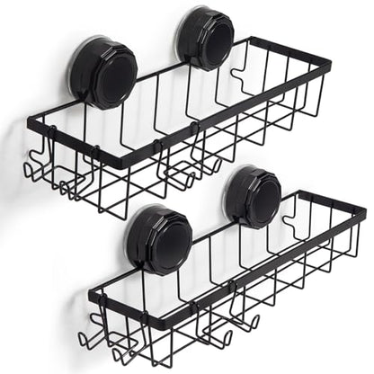 Shower Caddy Suction Cup Adhesive with Hooks, Heavy Duty Shower Shelves Storage Organizer for Bathroom, No Drilling Bathroom Shelf with Large Capacity, Black Metal Storage Basket