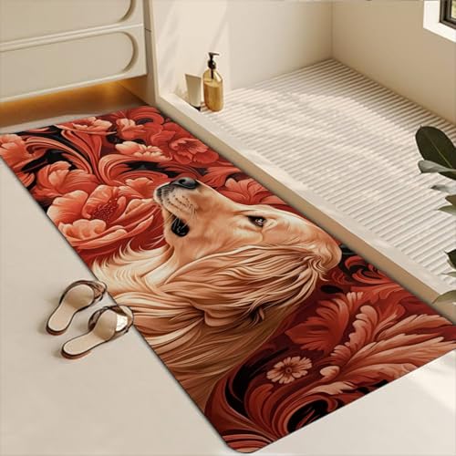Bathroom Runner Mat Rugs Long,Golden Retriever Dog Flower Image Diatomite Stone Bath Mat Large Absorbent Diatomaceous Earth Mat Non Slip Fast Dry Shower Mat Bathroom Rugs Floor Mat 16x42in - color: Design06