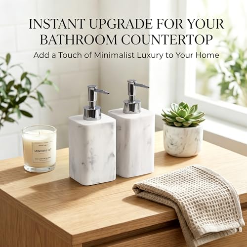 2 pcs Hand Soap Dispenser Set, 11oz Refillable Resin Liquid Soap Dispensers with Rustproof Pump, Lotion Dispenser Includes Silicone Funnel for Bathroom Countertop or Kitchen, Marble-Effect - color: Marble White