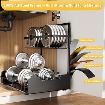 PureBox Under Sink Organizer, 2-Tier L-Shaped Pull Out Cabinet Shelf with 2 Installation Methods, Adjustable Sliding Storage Drawer for Kitchen, Bathroom, Laundry, Metal, Black, 2-Pack - size: 2 Pack