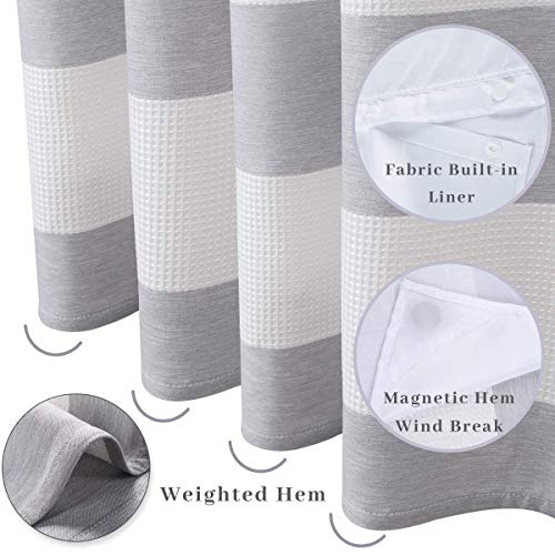 71“W x74”H Stripe Fabric Hook Free Shower Curtain with Polyester Magnet Snap-in Liner–Top See Through with Mesh Window Light Grey&White - color: White&light Grey, size: 71"W x 74"L (Pack of 1)