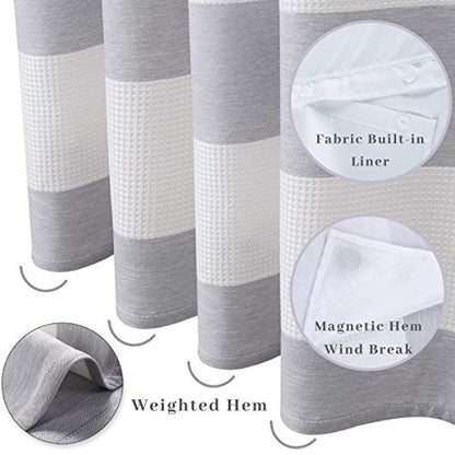 71“W x74”H Stripe Fabric Hook Free Shower Curtain with Polyester Magnet Snap-in Liner–Top See Through with Mesh Window Light Grey&White - color: White&light Grey, size: 71"W x 74"L (Pack of 1)
