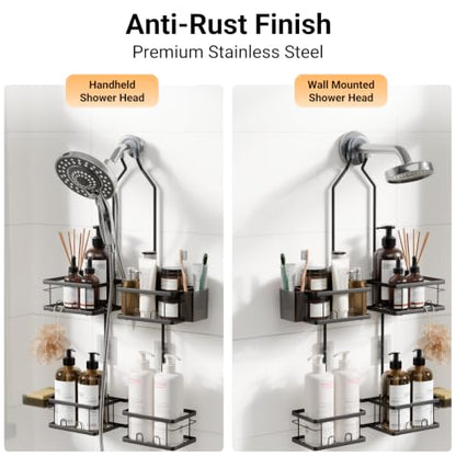 Adjustable Shower Caddy Hanging Rustproof Shower Caddy for Handheld Showerheads, Shower Organizer with Hooks Soap Holder, Anti-Swing Shower Rack Bathroom Accessories (Black) - color: Black