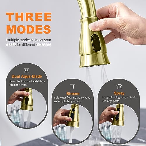 TIORIY Kitchen Faucet Head Replacement with 15 Adapters, 3 Modes Kitchen Faucet Sprayer Replacement Head, Pull Down Kitchen Faucet Spray Nozzle, Brushed Gold - color: Brushed Gold