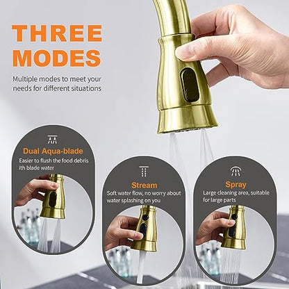 TIORIY Kitchen Faucet Head Replacement with 15 Adapters, 3 Modes Kitchen Faucet Sprayer Replacement Head, Pull Down Kitchen Faucet Spray Nozzle, Brushed Gold - color: Brushed Gold