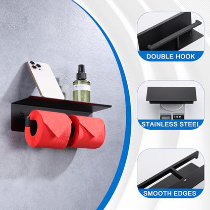 LANC Double Toilet Paper Holder with Shelf, Matte Black Commercial Toilet Tissue Roll Dispenser with Phone Shelf Stainless Steel for Bathroom, Kitchen, Apartments Wall Mounted, A8877MB - color: Matte Black, size: Full