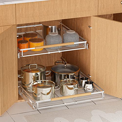 SANNO Pull Out Cabinet Organizer, Kitchen Sliding Shelf Under Sink Shelf, Expandable Drawer Shelves with Sliding Steel Metal Cabinet Drawers Slide Out, Chrome Finish，Expandable 12.1 to 18.4" W - color: Chrome-2pack, size: S:12.1~18.4" W x 22.5" D