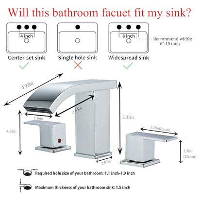 Bathroom faucets 3 Hole Widespread LED Light Bathroom Sink Faucet 8 inch Modern Bathroom Waterfall 3 Hole Vanity Chrome Faucet with Pop Up Drain(Chrome) - color: Chrome
