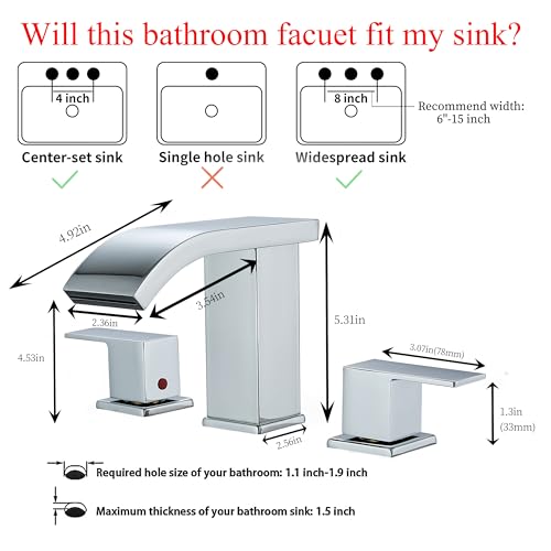 Bathroom faucets 3 Hole Widespread LED Light Bathroom Sink Faucet 8 inch Modern Bathroom Waterfall 3 Hole Vanity Chrome Faucet with Pop Up Drain(Chrome) - color: Chrome