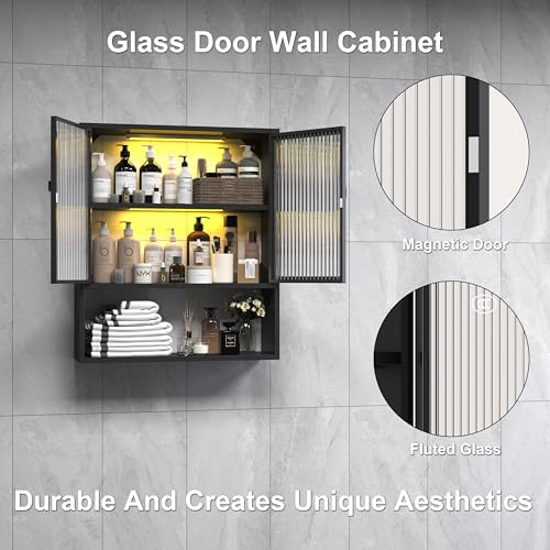 Bathroom Cabinet Wall Mount,Metal Medicine Cabinets with Glass Doors and LED Light,Wall Cabinet Over The Toilet,Black Hanging Cabinet for Bathroom Laundry Room Kitchen - color: Black