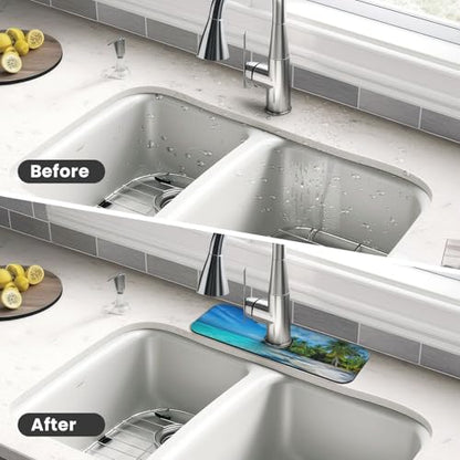 Beach Tropical Palm Tree Waves Travel Island Kitchen Sink Splash Guard Faucet Mat Super Absorbent Fast Drying Mat Sink Gadgets-Fast Drying Pad Sink Mat For Kitchen Bathroom (15" X 5.5" ) - color: Beach Tropical Palm Tree