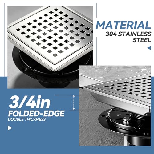 Square Shower Floor Drain, Matte Black Finish, Grid Pattern Strainer Cover (Brushed, Grate) - color: Brushed
