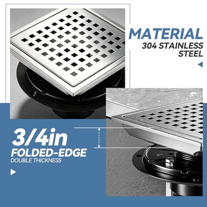 Square Shower Floor Drain, Matte Black Finish, Grid Pattern Strainer Cover (Brushed, Grate) - color: Brushed