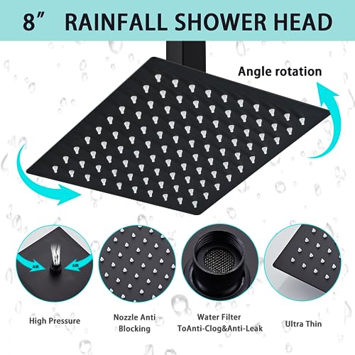 8 Inch Shower Faucet Set Ceiling Mount, High Pressure Rainfall Shower System Square Rain Shower Head with Handheld Spray Combo, Ceiling Luxury Rainfall Shower Fixtures Matte Black (3-Setting) - color: Matte Black, style: 8 Inch-3 Setting